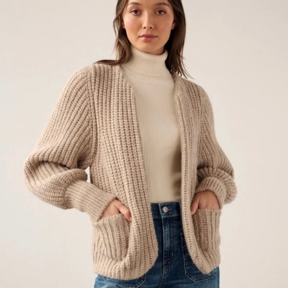 White + Warren Plush Alpaca Blend Open Jacket/Cardigan Sweater. Size S. Tan/Oat.